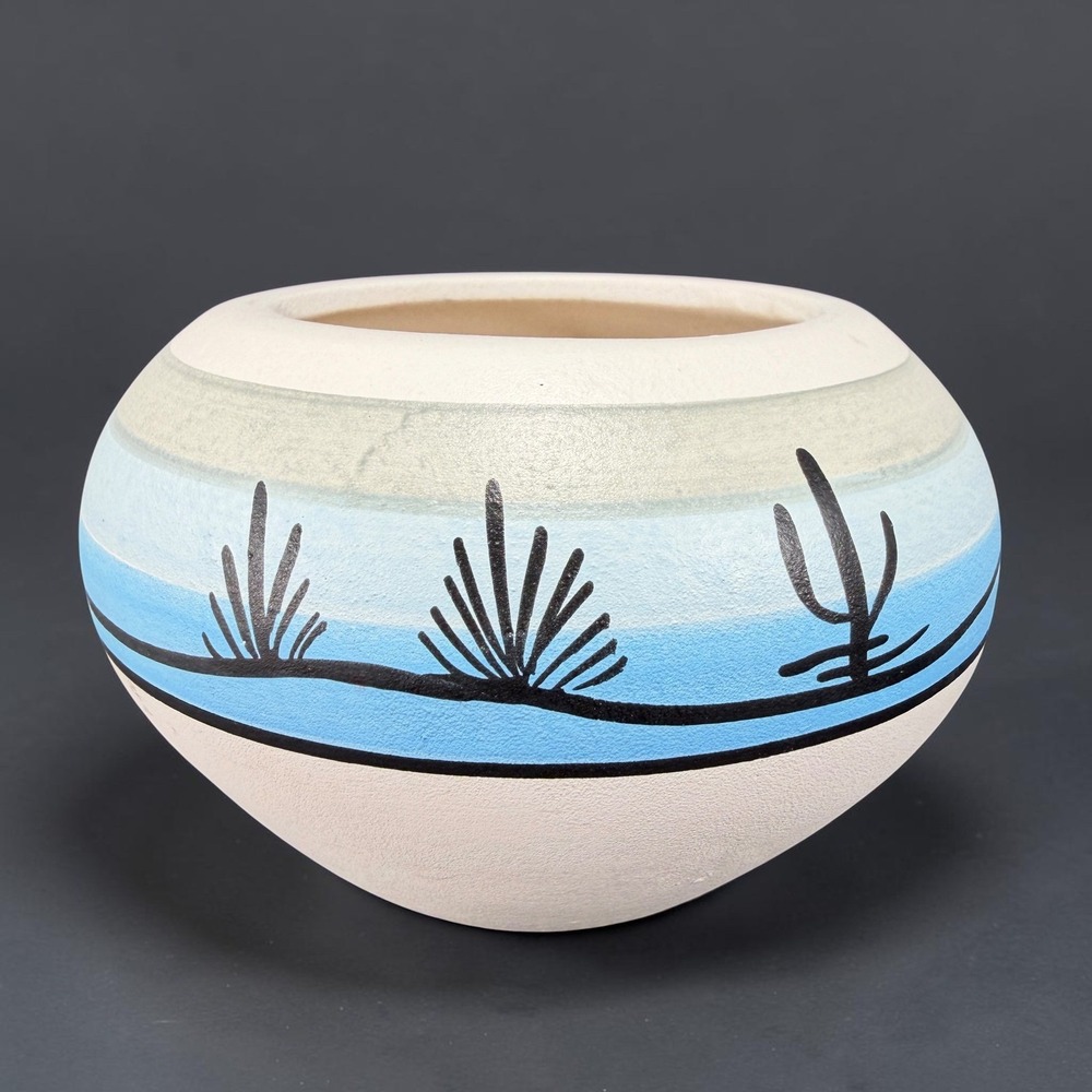 Tesa Hand Painted USA Ceramic Seed Pot Blue White Desert Cactus Saguaro Bowl VTG